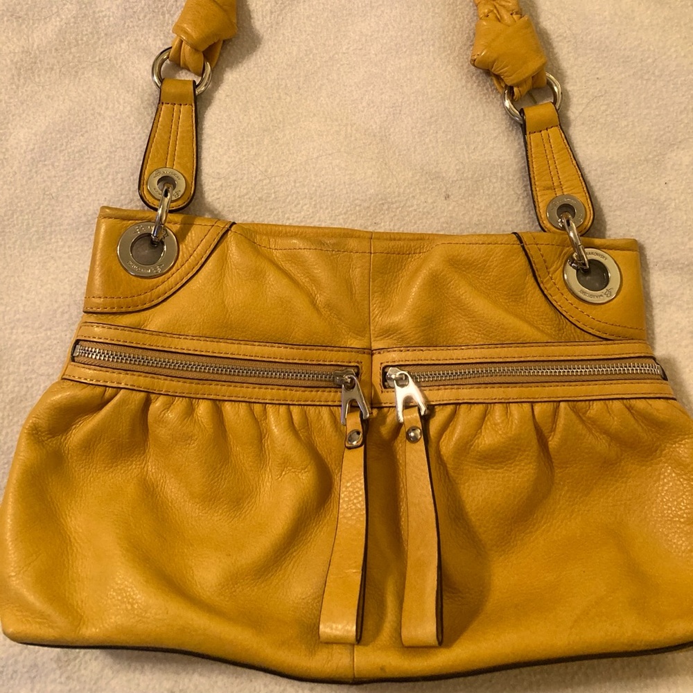 B. MAKOWSKY Leather Zipper Shoulder Bag Mustard Yellow Silvertone Hardware Y2K